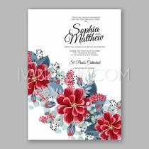 wedding photo -  Soft red dahlia wedding invitation card printable template with mint greenery Burgundy zinnia mentho - Unique vector illustrations, christmas cards, wedding invitat