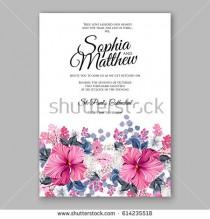 wedding photo -  Hibiscus wedding invitation card printable template with greenery eucaliptus magenta flower