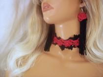 wedding photo -  Women's Red & Black Jewelry Set, Red Choker And Earrings, Red And Black Lace Jewelry Set, Prom Jewelry Set, Party Jewelry, Black Rose Choker - $28.00 USD