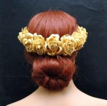 wedding photo -  Flower Crown Gold Rustic Bohemian Wedding Hair Vine, Bridal Wreath Headpiece, Gold Rose Crown, Flower Headband, Grecian Goddess Hair Piece - $55.00 USD