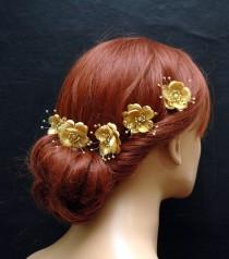 wedding photo -  Gold Silk Flower Hair Pins, Wedding Hair Accessories, Set of 5 Hair clips, Flower Hair Pins, Bridesmaids Hair Accessories, Gold Hair Pins - $28.00 USD