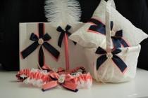 wedding photo -  Coral Navy Wedding Bearer \ Coral Navy Flower Girl Basket \ Coral Navy Guest Book with Pen \ Coral Navy Garter Set, Coral Ring Bearer Pillow - $28.00 USD
