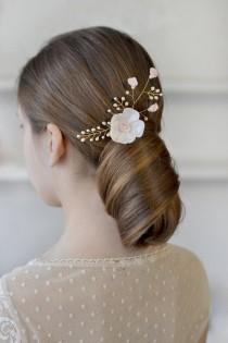 wedding photo -  Ivory floral hair pin Champagne floral pearl vine bridal hair vine Delicate ivory wedding hairdress Pearl wedding hair pin bridal satin - $17.00 USD