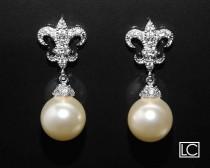 wedding photo -  Fleur de lis Pearl Bridal Earrings Swarovski 10mm Ivory Pearl Wedding Earrings Pearl Drop CZ Silver Earrings Bridesmaid Jewelry Prom Earring - $27.00 USD