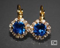 wedding photo -  Capri Blue Gold Halo Earrings Swarovaki Blue Leverback Earrings Wedding Blue Gold Crystal Earrings Bridesmaid Blue Jewelry Prom Blue Earring - $23.00 USD