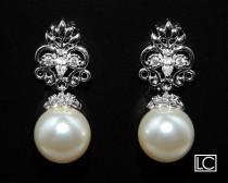 wedding photo -  Ivory Pearl Bridal Earrings Drop Pearl CZ Wedding Earrings Swarovski 10mm Pearl Earrings Wedding Pearl Jewelry Bridal Jewelry Pearl Earrings - $27.90 USD