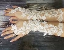 wedding photo -  Ivory white long lace wedding gloves, french lace fingerless gloves, sophisticated lace wedding accessories - $74.00 USD