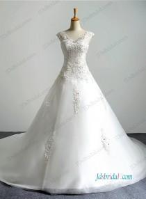 wedding photo -  H1194 Illusion lace v neckline organza ball gown wedding dress