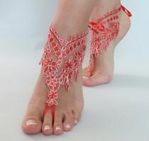 wedding photo -  Red Lace barefoot sandals Lace Bridal Sandals, Red Silver frame bangle, Slave gypsy anklets wedding anklet, FREE SHIP, bridesmaid gift - $27.80 USD