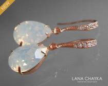 wedding photo -  White Opal Rose Gold Crystal Earrings Swarovski Opal Rhinestone Earrings Opal Pink Gold Teardrop Earrings Bridesmaid Jewelry Prom Jewelry - $25.00 USD