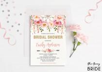 wedding photo - Pink and Gold Floral Bridal Shower Invitation. Bohemian Pink Watercolor Flowers. Boho Engagement Invite. Feathers. Dream Catcher. FLO12A