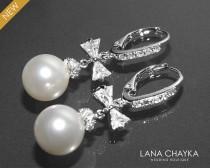 wedding photo -  White Pearl Bridal CZ Chandelier Earrings Swarovski 10mmm Pearl Wedding Earrings Leverback Earrings Pearl Bow Earrings Bridesmaids Jewelry - $31.90 USD