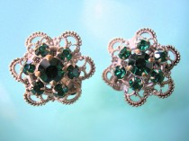 wedding photo -  Czech Filigree Earrings, Art Deco, 1930s Jewelry, Vintage Earrings, Emerald Rhinestone, Emerald Earrings, Clip On, Silver Plated, Bridal