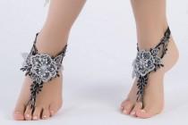 wedding photo -  Bohemian Foot Jewellry Black Silver 3D flowers Beach wedding Barefoot Sandals Lace Sandles, Bridal Lace Shoes, Foot Jewelry Belly Dance, - $27.90 USD
