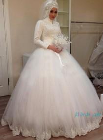 wedding photo -  Islamic high neck long sleeves tulle ball gown wedding dress