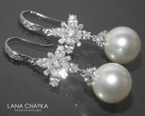 wedding photo -  Bridal Pearl Chandelier Earrings Swarovski 12mm White Pearl Earrings White Pearl Wedding Earrings Wedding White Pearl CZ Dangle Earrings - $37.00 USD