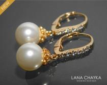 wedding photo -  Pearl Bridal Earrings Pearl CZ Gold Leverback Wedding Earrings Swarovski 10mm Ivory Pearl Earrings Bridal Pearl Earrings Bridesmaids Jewelry - $29.50 USD