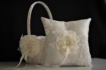 wedding photo -  Flower girl Basket / Wedding Ring Bearer Pillow Set Ivory Lace   Ivory Guest Book   Unity Candles & Champagne Glasses   Cake Serving Set