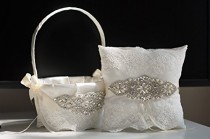 wedding photo -  Ivory Flower Girl Basket & Jewel Ring Bearer Pillow \ Ivory Wedding Basket Pillow Set \ Brooch Bearer   Wedding Sash Belt \ Brooch Basket