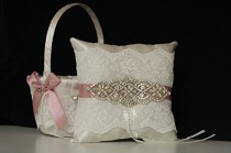 wedding photo -  Mauve Flower Girl Basket and Ring Bearer Pillow \ Blush pink bearer \ Mauve Wedding Basket \ Mauve Ring Pillow \ Mauve Bridal Sash Belt