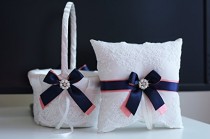 wedding photo -  Coral Navy Wedding Basket   Ring Bearer Pillow \ Navy Blue and Coral Wedding Pillow, Flower Girl Basket \ Lace Bearer \ Coral Wedding Basket