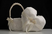 wedding photo -  Ivory Flower Girl Basket   Heart Ring Bearer \ Pearl Handle Basket \ Ivory Wedding Basket, Heart Ring Pillow, Lace Wedding Basket Pillow Set