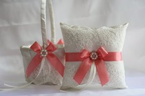 wedding photo -  Coral Wedding Pillow Basket Set \ Coral Lace Ring Pillow   Flower Girl Basket Set \ Ivory Coral Wedding Basket   Ring bearer Pillow