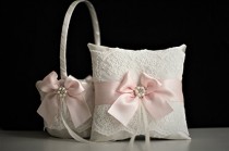 wedding photo -  Pink Flower Girl Basket \ Pink Ring Bearer Pillow \ Pink Wedding Basket \ Pink Wedding Pillow Basket Set\ Blush pink Wedding \ Lace bearer