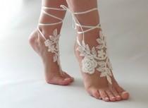 wedding photo -  Beach wedding Barefoot Sandals Ivory White Pearl Hand process Lace Barefoot Sandals, Bridal Lace Sandals, Bridal Lace Shoes, French lace - $25.90 USD
