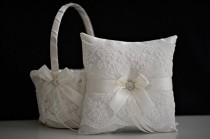 wedding photo -  Antique White Wedding Flower Girl Basket   Off White bearer Pillow, Off White Bridal Garter Set, Lace Wedding Garters with Brooch, Lace Wedding Basket