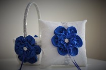 wedding photo -  White Royal Blue Ring Bearer Pillow \ White Royal Blue Flower Girl Basket \ White Royal Blue Wedding Basket Pillow Set \ Royal Blue Wedding Pillow