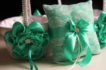 wedding photo -  Mint Wedding Pillow Basket Set \ White Mint Bearer Pillow   Flower Girl Basket \ Mint Wedding Basket   Lace Ring bearer Pillow