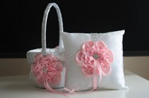 wedding photo -  Pink Ring Bearer Pillow \ Pink Flower Girl Basket \ White Pink Wedding Basket Pillow Set \ Pink Wedding Pillow \ Baby pink Bearer Basket