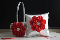wedding photo -  Red Flower Girl Basket \ Red Ring Bearer Pillow \ Red Wedding Basket \ Silver Wedding Pillow \ Silver Basket Pillow Set \ Silver Ring Holder
