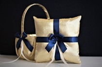 wedding photo -  Gold Navy Wedding Flower Girl Basket & Ring Bearer Pillow Set \ Gold Wedding basket   Navy Ring Pillow \ Gold Navy Blue Basket Pillow Set