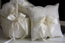 wedding photo -  Lace Wedding Pillow, Ivory Wedding Basket, Ivory Flower Girl Basket, ivory Ring bearer Pillow, Beige Wedding Pillow Basket Set, Lace Bearer
