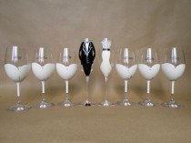 wedding photo - Hand Painted Bridal Shower Party Glasses Wine Glasses And Champagne Flutes Suit And Dresses Decorated With Crystals