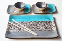 wedding photo - Sushi Serving Set, Set For 2, Rustic Sushi Plates, Ceramic Sushi Plate, Sushi Tray, Serving Sushi Set, Housewares, Ceramics And Pottery