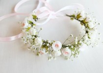 wedding photo - Baby's Breath & Rose Crown, Flower Girl Crown, Toddler Crown, Girls Floral Crown, Baby's Breath Wreath, Woodland Headband Baby's Breath Halo