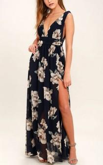 Garden Meandering Navy Blue Floral Print Maxi Dress wedding photo - Garden Meandering Navy Blue Floral Print Maxi Dress