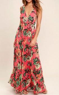 Countryside Manor Coral Red Floral Print Maxi Dress wedding photo - Countryside Manor Coral Red Floral Print Maxi Dress