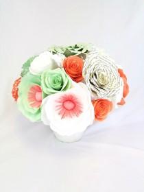 wedding photo -  Floral centerpiece filled with handcrafted coral and mint green paper peonies, roses and anemones, table floral decor, floral home decor - $128.00 USD
