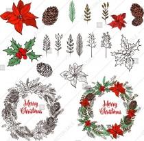 wedding photo -  Merry Christmas Party invitation poinsettia wreath poster vector template