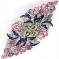 Trifari 'Alfred Philippe' Pave, Blue Enamel Pink Topaz And Amethysts Floral Spray Pair Of Dress Clips Or Clipmate Pin wedding photo - Trifari 'Alfred Philippe' Pave, Blue Enamel Pink Topaz And Amethysts Floral Spray Pair Of Dress Clips Or Clipmate Pin