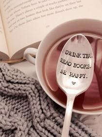 Drink tea, read books, be happy stamped spoon, book club gift, book lover gift, tea lover gift, unique tea spoon wedding photo - Drink tea, read books, be happy stamped spoon, book club gift, book lover gift, tea lover gift, unique tea spoon