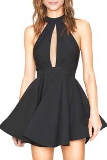 Black Cut-out Front Mesh Paneled Halter A-line Dress wedding photo - Black Cut-out Front Mesh Paneled Halter A-line Dress