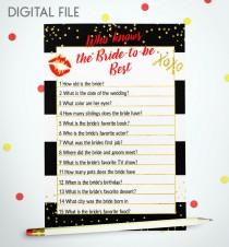 wedding photo -  Who Knows The Bride Best Bridal Shower Game Black White stripes Bridal Game Red Gold Confetti Printable Bridal game Card Download idkbg6 - $5.50 USD