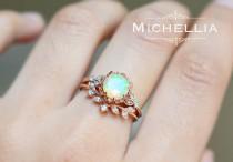 Vintage Opal Floral Engagement Ring With Diamond, Solid Gold Ethiopian Fire Opal Ring Set, Opal Promise Ring, Rose Gold Yellow White Gold wedding photo - Vintage Opal Floral Engagement Ring With Diamond, Solid Gold Ethiopian Fire Opal Ring Set, Opal Promise Ring, Rose Gold Yellow White Gold
