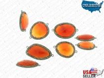 Orange Onyx Pendant in 925 Silver Bezel and Natural Single cut Diamonds, Carnelian Connector, Gemstone Connector Pendant, Jewelry Findings wedding photo - Orange Onyx Pendant in 925 Silver Bezel and Natural Single cut Diamonds, Carnelian Connector, Gemstone Connector Pendant, Jewelry Findings