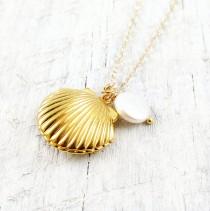 Shell Locket Necklace Gold Shell Necklace Ocean Nautical Pendant Pearl Summer Wedding Beach Mermaid wedding photo - Shell Locket Necklace Gold Shell Necklace Ocean Nautical Pendant Pearl Summer Wedding Beach Mermaid